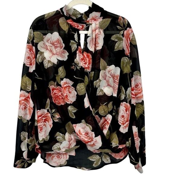 Soho Jeans New York & Company Floral Keyhole Sheer Wrap Blouse Large - Picture 1 of 11